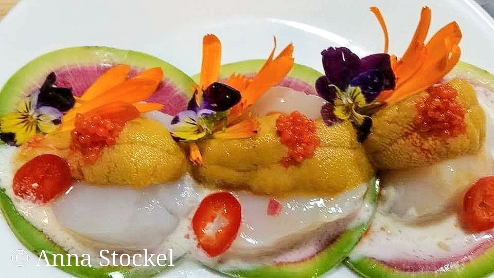 Scallop Crudo with Uni and Caviar on Watermelon Radish Wild Woman Kitchen